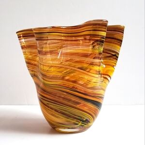 VTG MURANO Ruffled Edge Vase Handkerchief Amber Glass Multi-colour Swirl Stripes